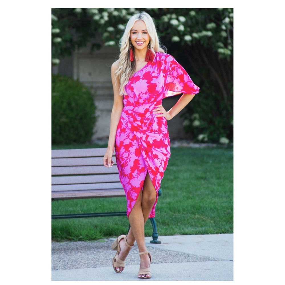 Ruby/Fuchsia Floral One Shoulder Short Dress